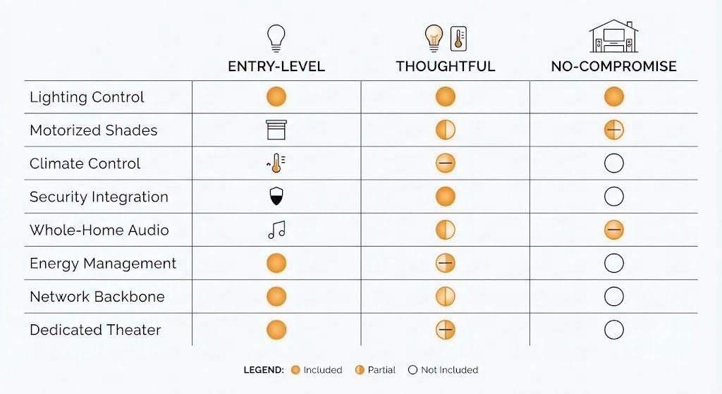 Infographic comparison table showing three smart home budget tiers and which subsystems are included, partial, or not included in each.
