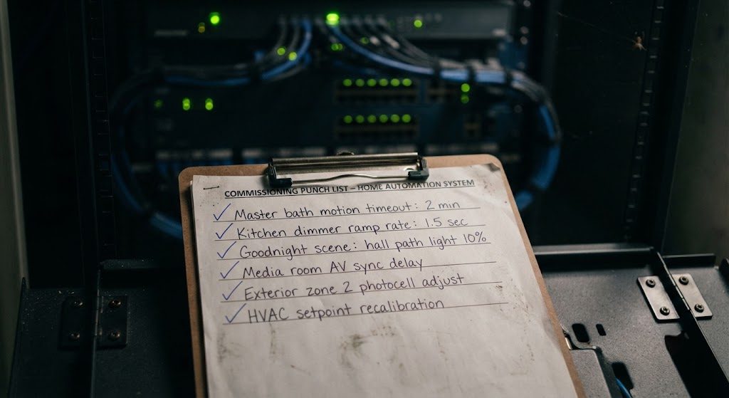 The Commissioning Checklist Nobody Wants to Pay For Commissioning punch list on a clipboard, with checkmarks next to scene adjustments and sensor tuning notes.