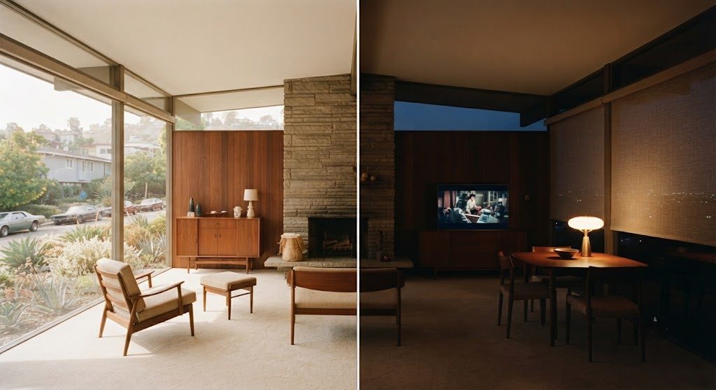 Before-and-after split photograph of a mid-century living room—daytime period authenticity on the left, evening cinema mode with hidden technology on the right.