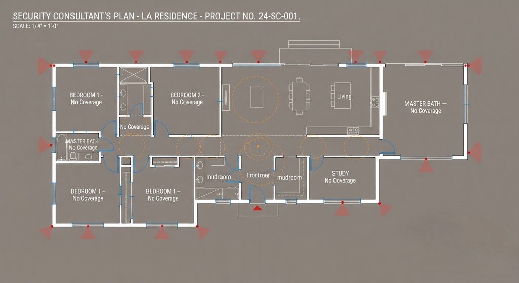 Architectural floor plan with security layers: perimeter cameras in red, door sensors in blue, motion sensors in orange limited to hallways. Bedrooms and bathrooms marked no coverage.