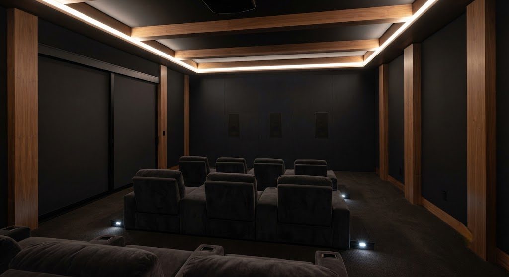 Completed home theater in Venice Beach showing screen wall, tiered seating, and blackout shades deployed over sliding glass doors.