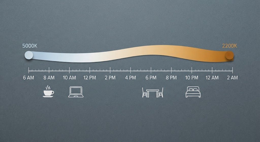 The Circadian Lighting Curve Infographic showing a 24-hour circadian lighting curve with color temperature shifting from 5000K at morning to 2200K at night, aligned with daily activities.