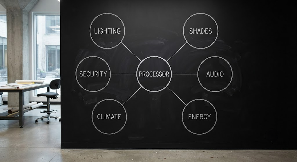 Six Subsystems, One Brain Architectural diagram showing six smart home subsystems connected to one central processor, hand-drawn in white chalk on a black wall.