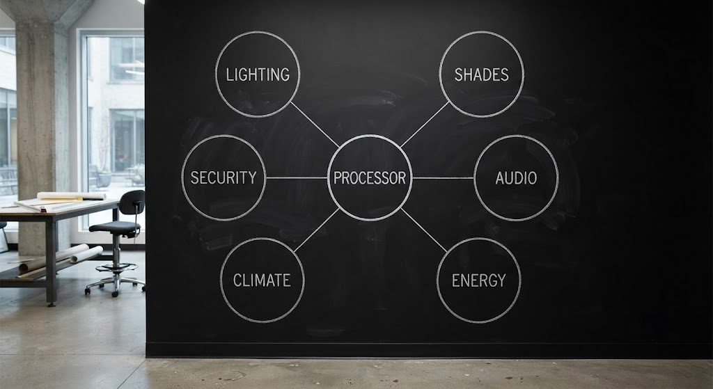 Architectural diagram showing six smart home subsystems connected to one central processor, hand-drawn in white chalk on a black wall.