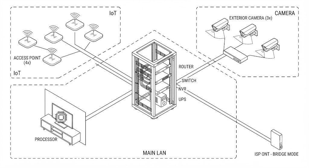 Isometric diagram of a smart home network showing a central rack, hardwired access points, cameras, VLAN separation, and an ISP ONT in bridge mode.