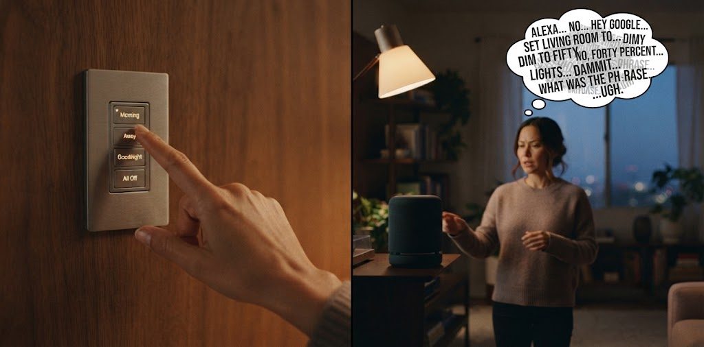 Diptych comparing keypad interaction (one press, instant) with voice control (jumbled commands, delayed), demonstrating the speed and reliability gap.