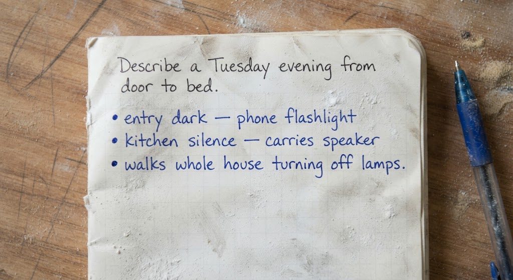 The Tuesday Evening Walkthrough Handwritten field notes from a client consultation, showing observations about a homeowner's Tuesday evening routine.