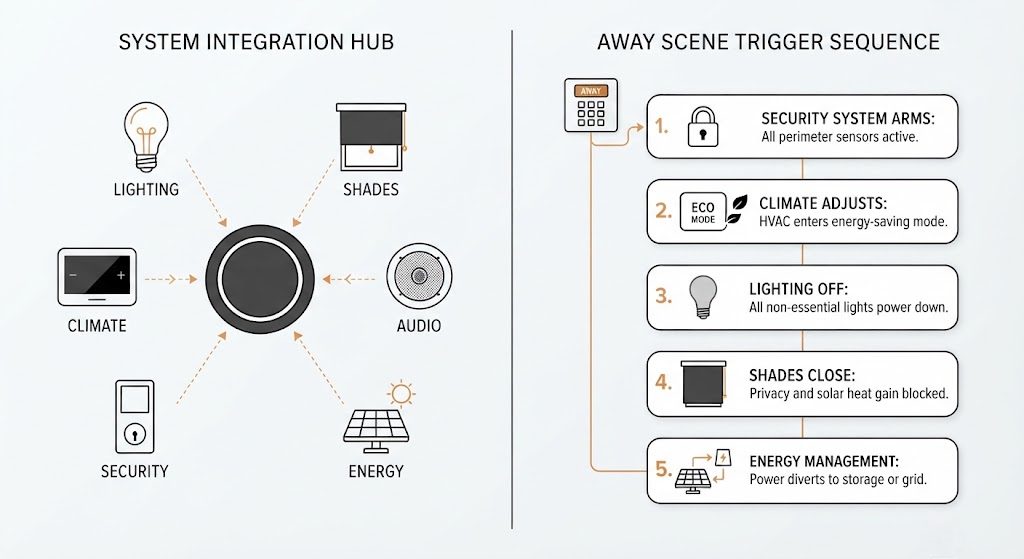 Diagram showing six smart home subsystems connected to a central processor, and a timeline of actions triggered by an "Away" scene.