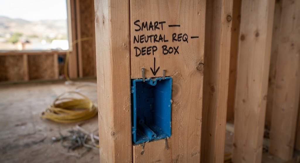 Marking Smart Switch Locations During Rough-In Wall stud with an electrical box and a handwritten note in Sharpie reading "SMART — NEUTRAL REQ — DEEP BOX," instructing the electrician.