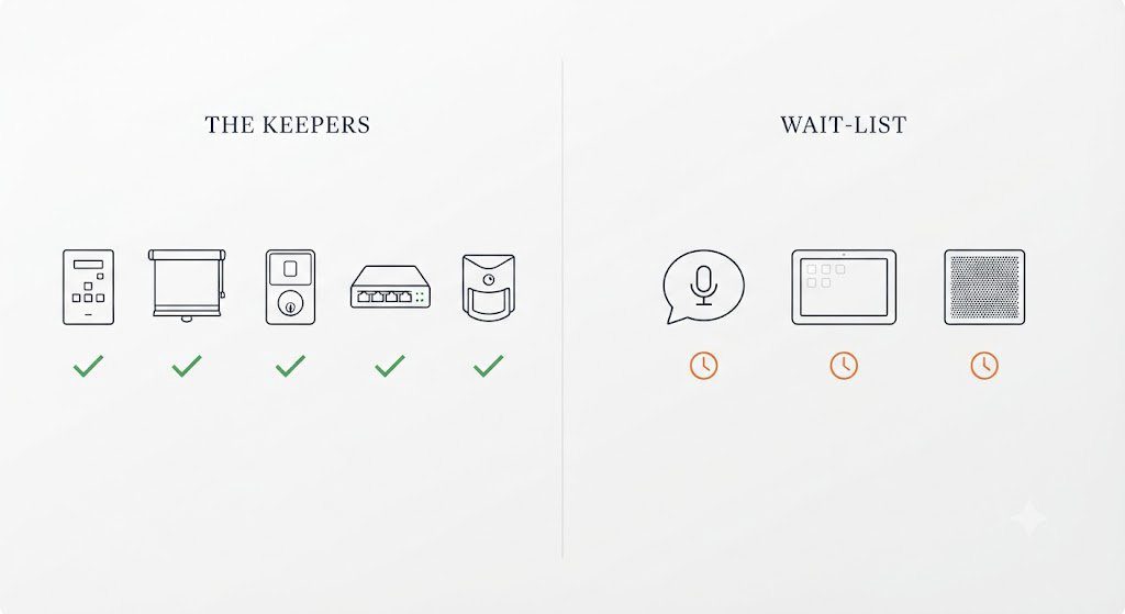 Icon comparison showing five features worth investing in (keypad, shade, lock, network, sensor) and three that can wait (voice control, touchscreen, extra speakers).
