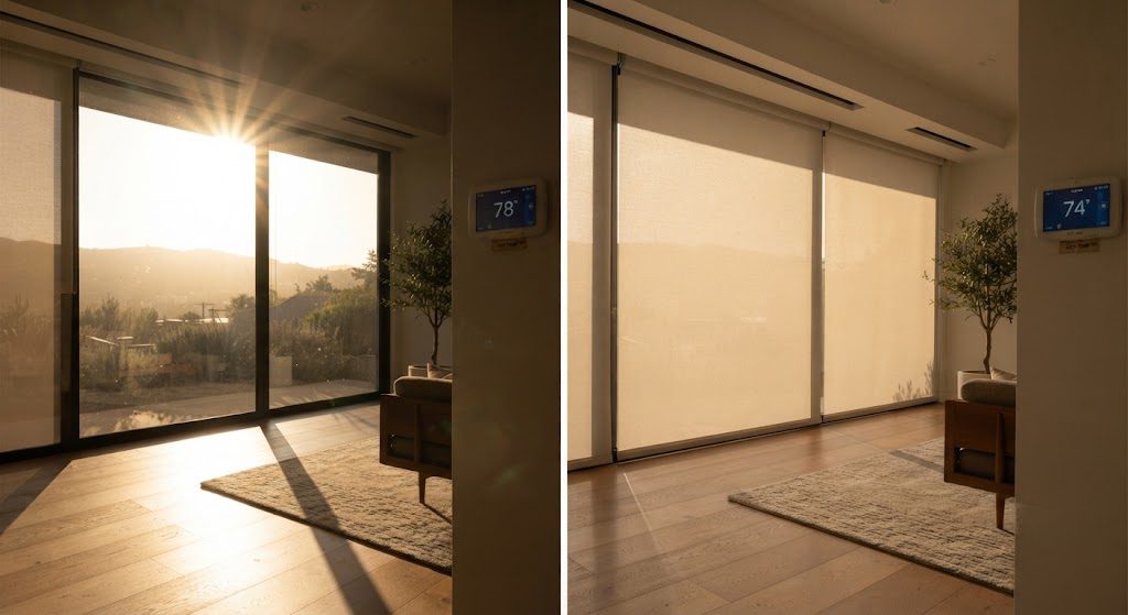 Before-and-after comparison of a west-facing room with shades up showing heat gain, and shades down showing cooler temperature and soft light.
