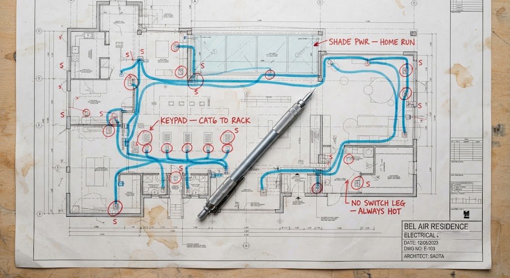 Blank Electrical Plan — Marked for Smart Home Integration Annotated electrical plan for a Bel Air new build showing red and blue markup for keypad locations, shade power drops, and low-voltage cable paths.
