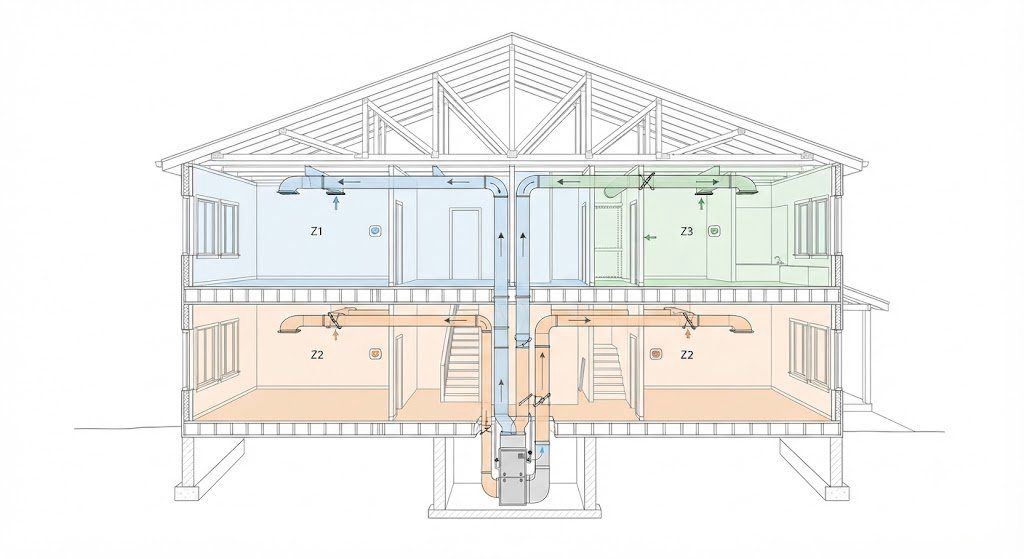 Architectural section drawing showing three-zone HVAC system with motorized dampers and thermostats for a two-story home.