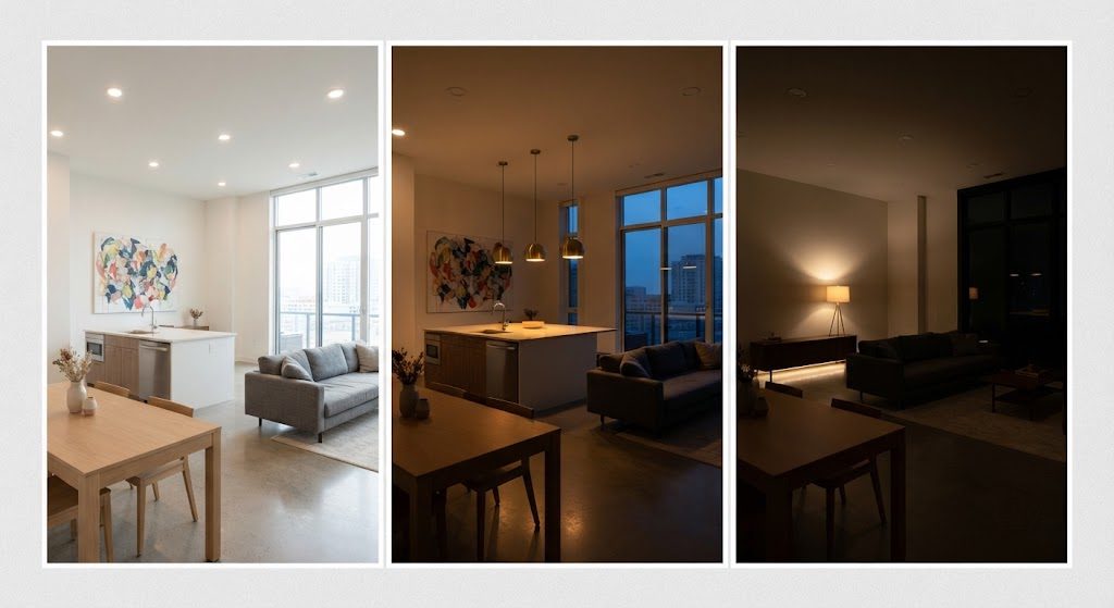 Three Lighting Scenes, One Open-Plan Room Triptych showing the same open-plan living space under three different lighting scenes—daytime, dinner prep, and evening wind-down.