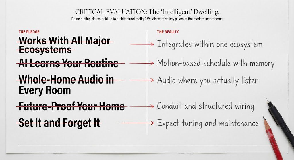 Translation chart showing five common smart home sales pitches with strikethroughs and their real-world meanings in handwritten script.