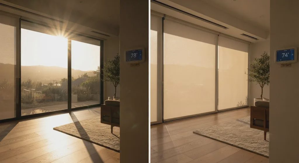 Before-and-after comparison of a west-facing room with shades up showing heat gain, and shades down showing cooler temperature and soft light.