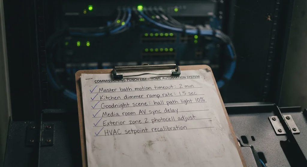 Commissioning punch list on a clipboard, with checkmarks next to scene adjustments and sensor tuning notes.